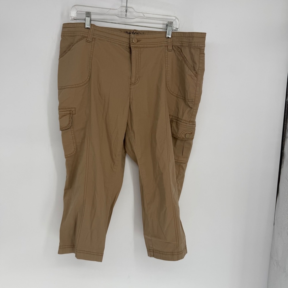 Faded Glory‎ Cargo Capri Pants Womens 18 Khaki Tan Button Flap Pockets Stretch